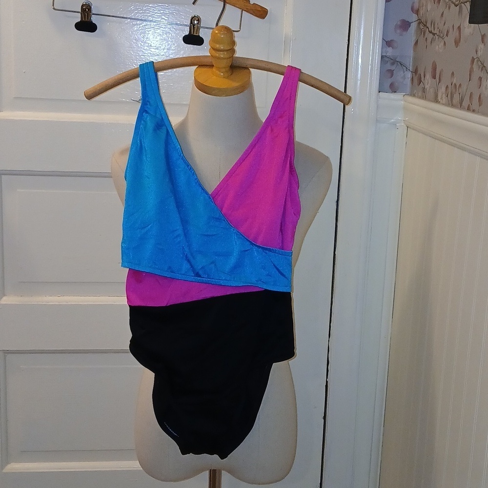 Vintage 80s Gloria Vanderbilt Vibrant Blue and Pink One Piece Swimsuit